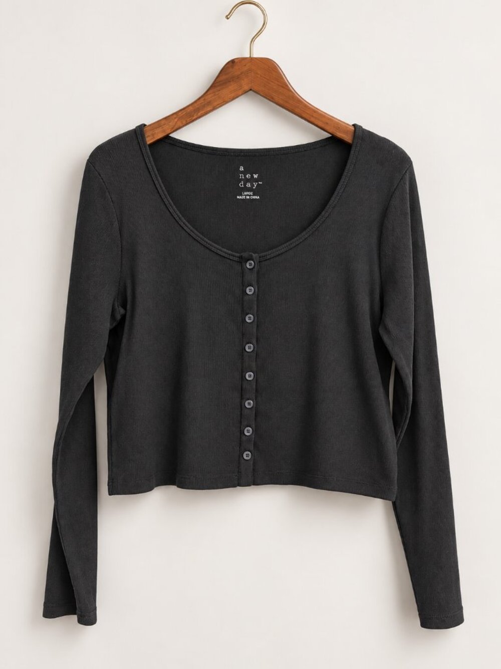 Cotton Blend Ribbed Knit L Stretch Long Sleeve Black Top Wide Neck Button Front